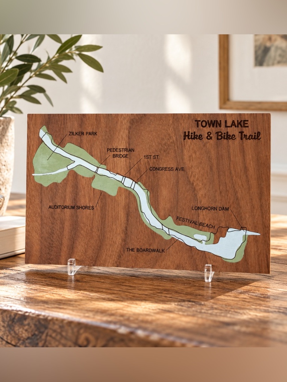 Mosey Austin Town Lake Hike & Bike Trail Wooden Map Art Lady Bird Lake Texas 5x7